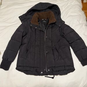 Andrew Marc Women’s Black Hooded Puffer Jacket with Brown Faux-Shearling Collar